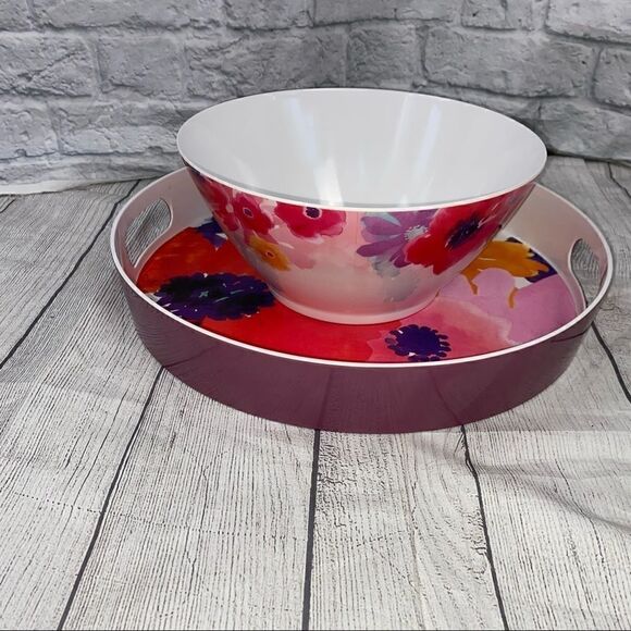 Home floral print hard plastic serving bowl and serving Tray with handles - Picture 1 of 7